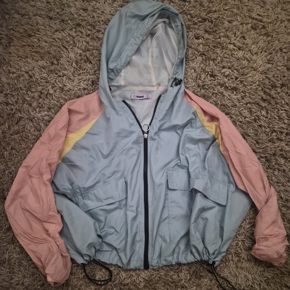 Y2K Colorblock Windbreaker Jacket Women’s Large Pastel Retro Hooded